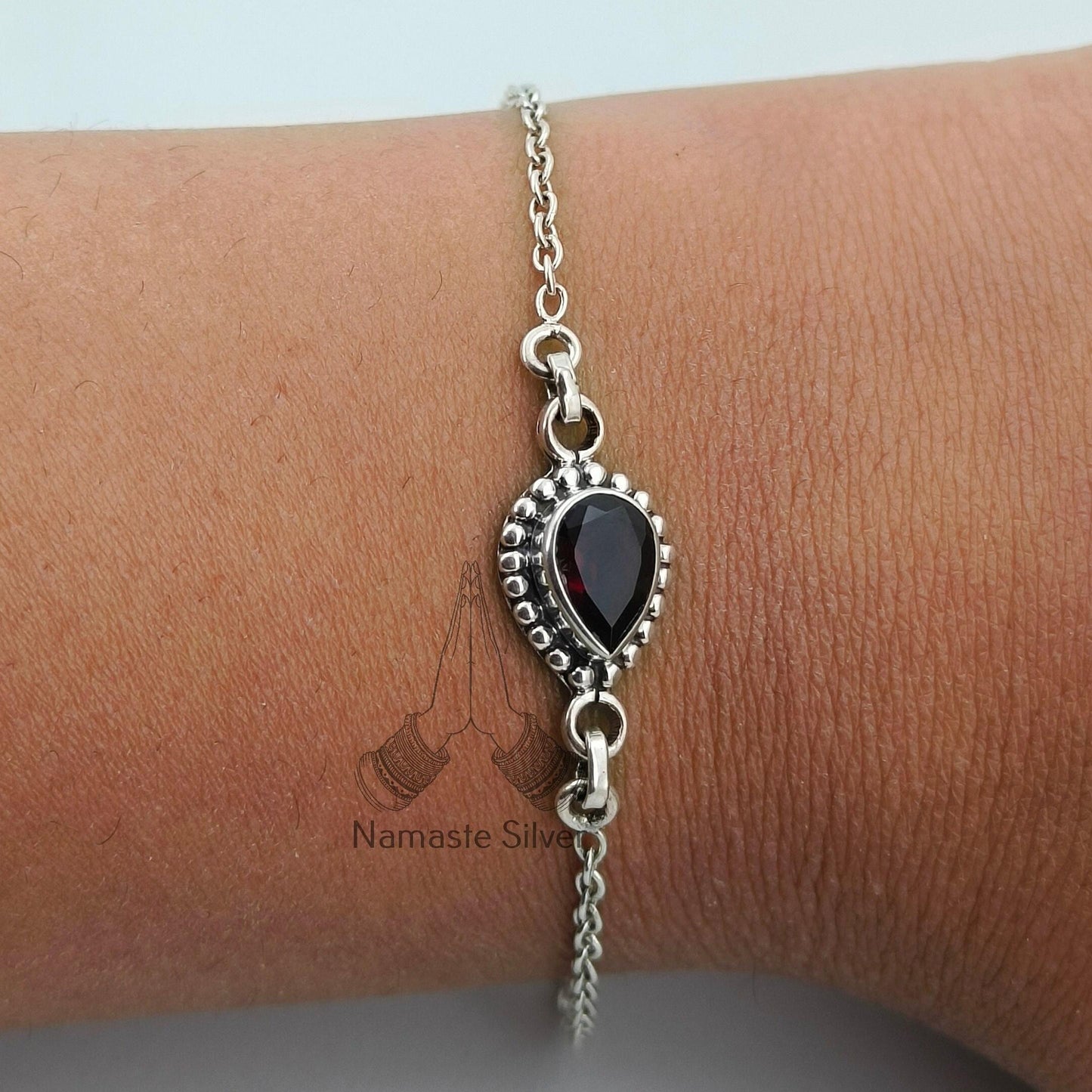 Garnet Bracelet, 925 Sterling Silver Bracelet, Natural Garnet Pear shape Gemstone Handmade Jewelry, January Birthstone, Unique Gift For Her