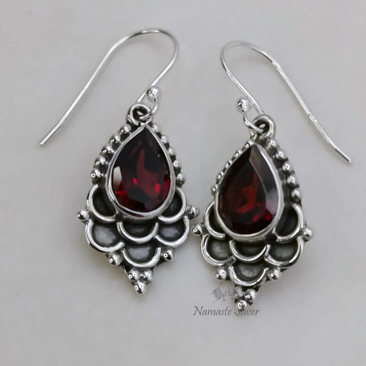 Garnet Earrings, 925 Sterling Silver Dangle Earrings, Natural Garnet Pear Shape Handmade Jewelry, January Birthstone, Unique Gift for Her