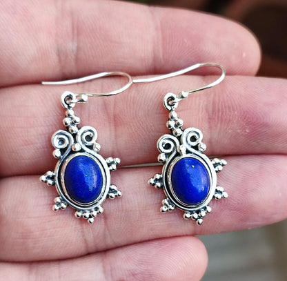 Lapis Lazuli Earrings, 925 Sterling Silver Dangle Earrings, Natural Lapis Oval Gemstone Handmade Jewelry, September Birthstone, Gift for Her