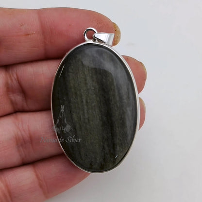 Gold Sheen Obsidian Pendant, 925 Sterling Silver Handmade Locket, Natural Gold Sheen Obsidian Oval Gemstone Jewelry, Unique Gift for Her