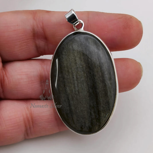 Gold Sheen Obsidian Pendant, 925 Sterling Silver Handmade Locket, Natural Gold Sheen Obsidian Oval Gemstone Jewelry, Unique Gift for Her