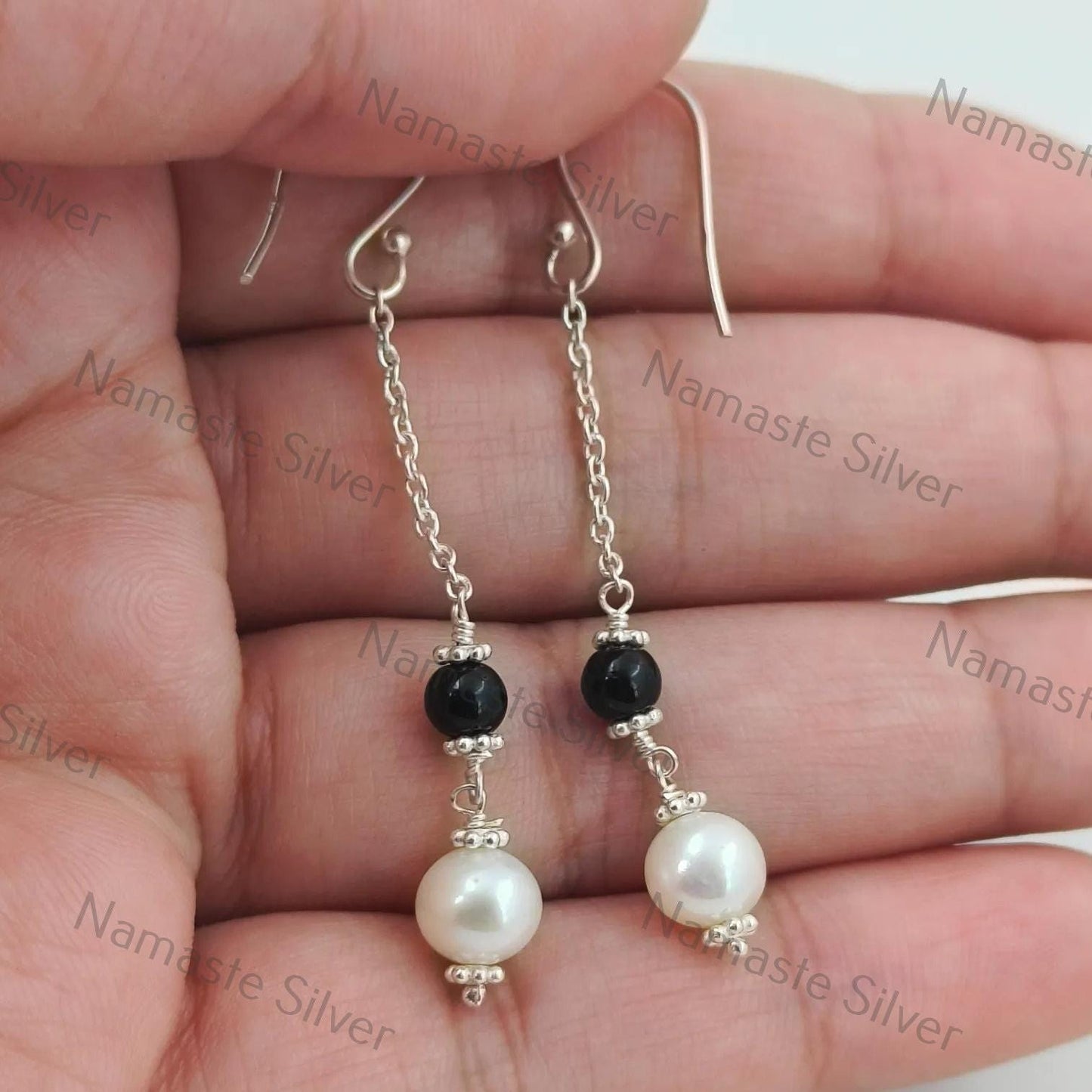 Pearl, Black Onyx Earrings, 925 Sterling Silver Dangle Earrings, Freshwater Pearl Black Onyx Round Beads Handmade Jewelry, Cute Gift for her