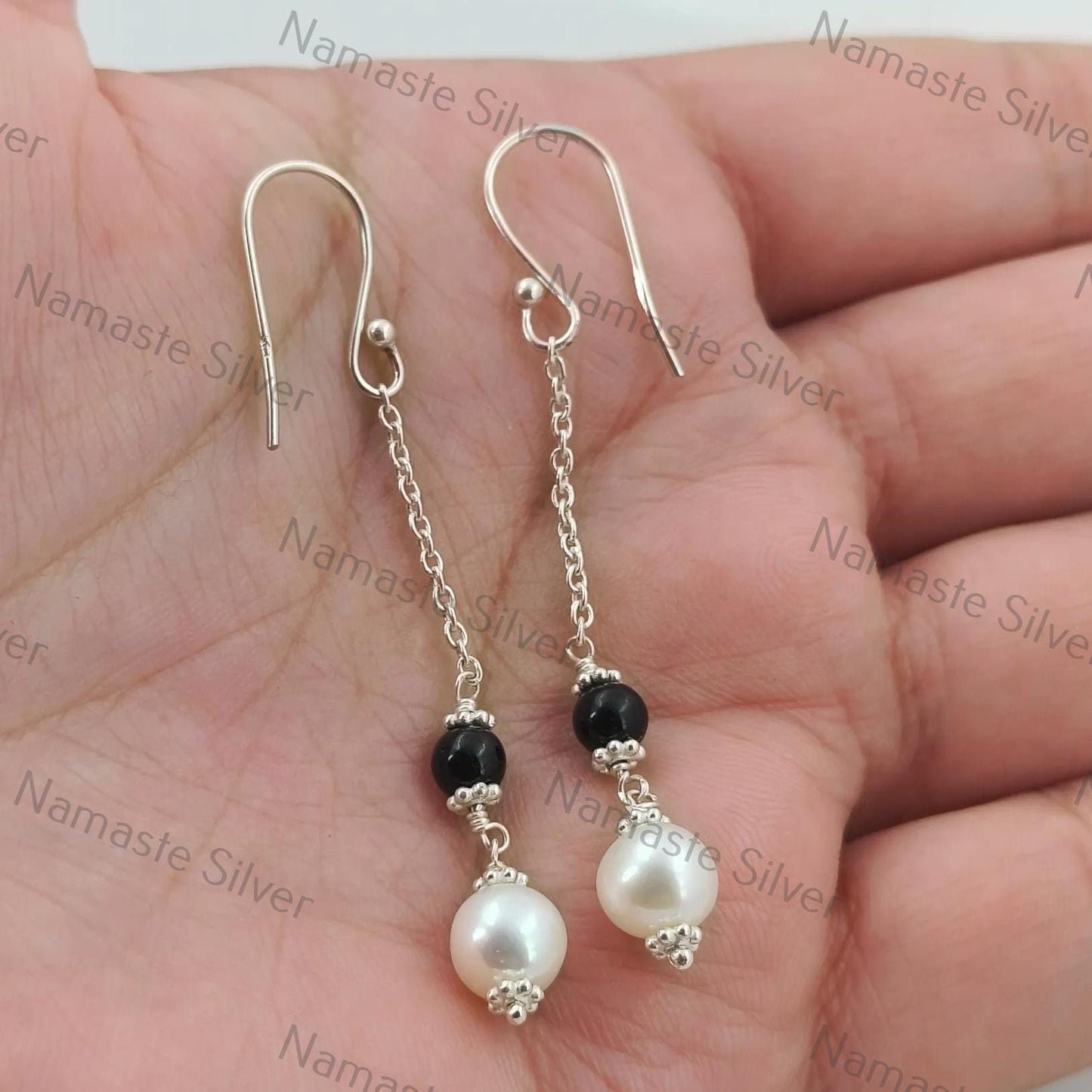 Pearl, Black Onyx Earrings, 925 Sterling Silver Dangle Earrings, Freshwater Pearl Black Onyx Round Beads Handmade Jewelry, Cute Gift for her