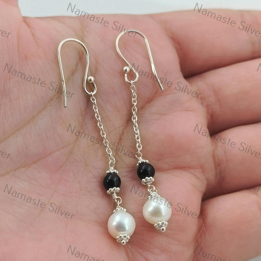 Pearl, Black Onyx Earrings, 925 Sterling Silver Dangle Earrings, Freshwater Pearl Black Onyx Round Beads Handmade Jewelry, Cute Gift for her