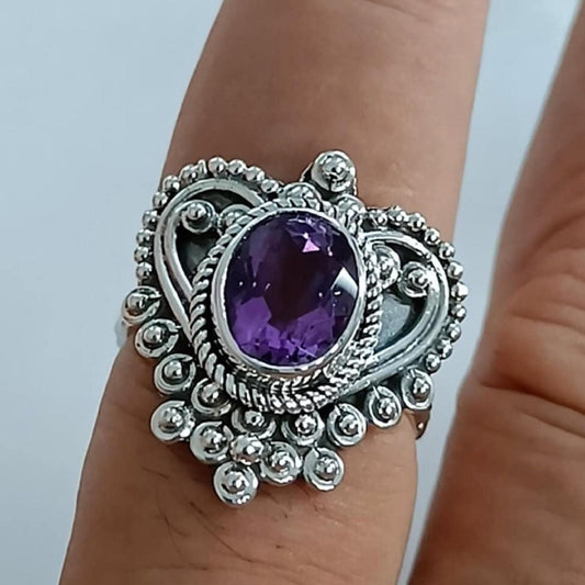 Amethyst Ring, 925 Sterling Silver Heart Shape Ring, Handmade Natural Purple Gemstone Oval Boho Jewelry, February Birthstone, Gift for Her