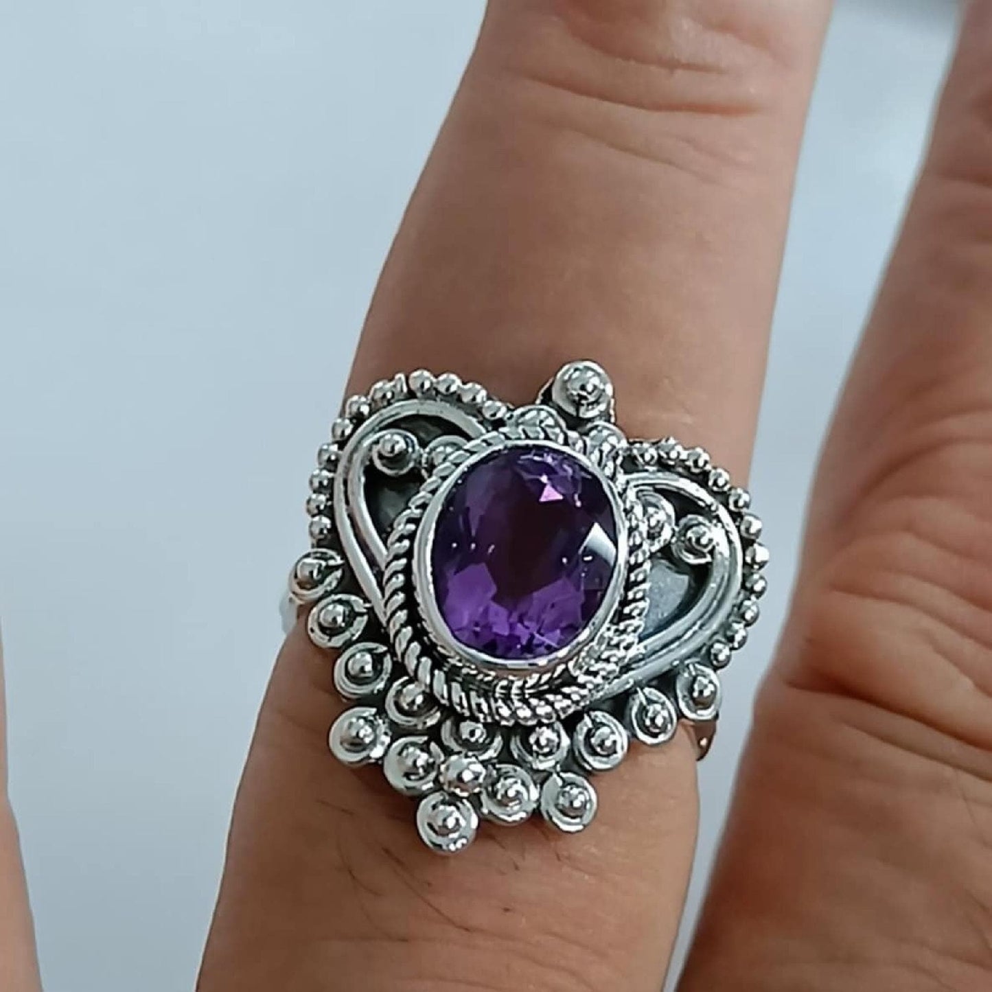 Amethyst Ring, 925 Sterling Silver Heart Shape Ring, Handmade Natural Purple Gemstone Oval Boho Jewelry, February Birthstone, Gift for Her