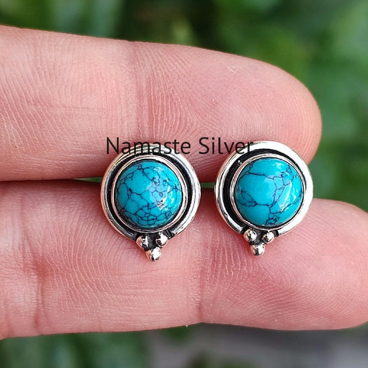 Turquoise Earrings, 925 Sterling Silver Stud Posts, December Birthstone, Natural Turquoise Round Gemstone Handmade Jewelry, Gift For Her