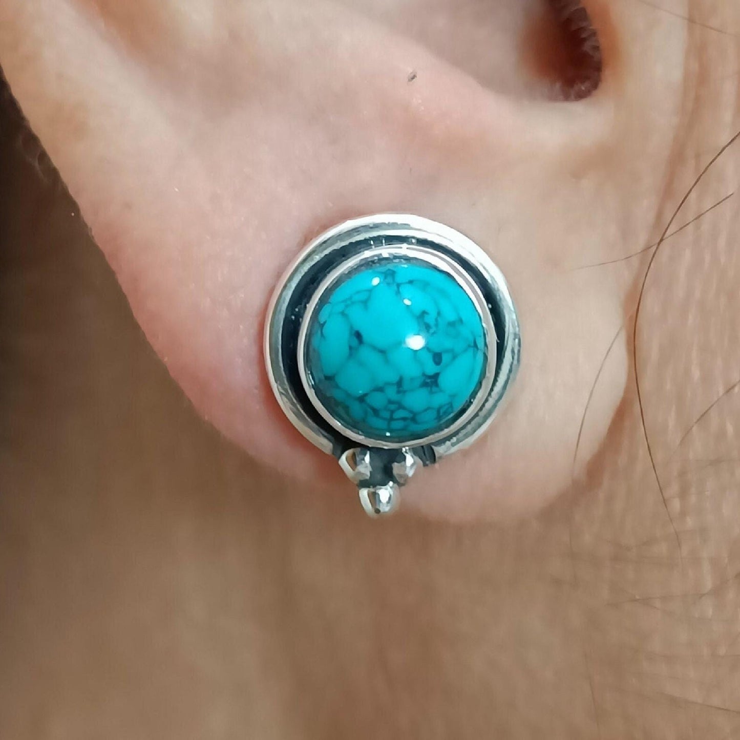 Turquoise Earrings, 925 Sterling Silver Stud Posts, December Birthstone, Natural Turquoise Round Gemstone Handmade Jewelry, Gift For Her