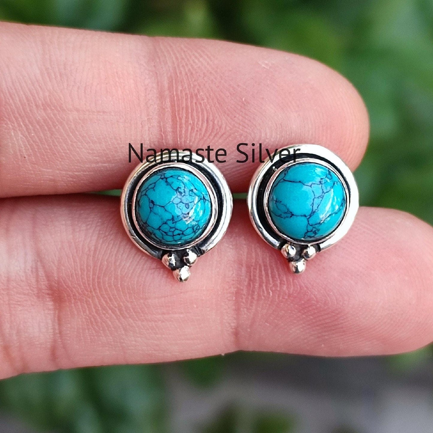 Turquoise Earrings, 925 Sterling Silver Stud Posts, December Birthstone, Natural Turquoise Round Gemstone Handmade Jewelry, Gift For Her