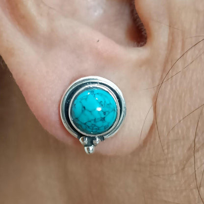 Turquoise Earrings, 925 Sterling Silver Stud Posts, December Birthstone, Natural Turquoise Round Gemstone Handmade Jewelry, Gift For Her