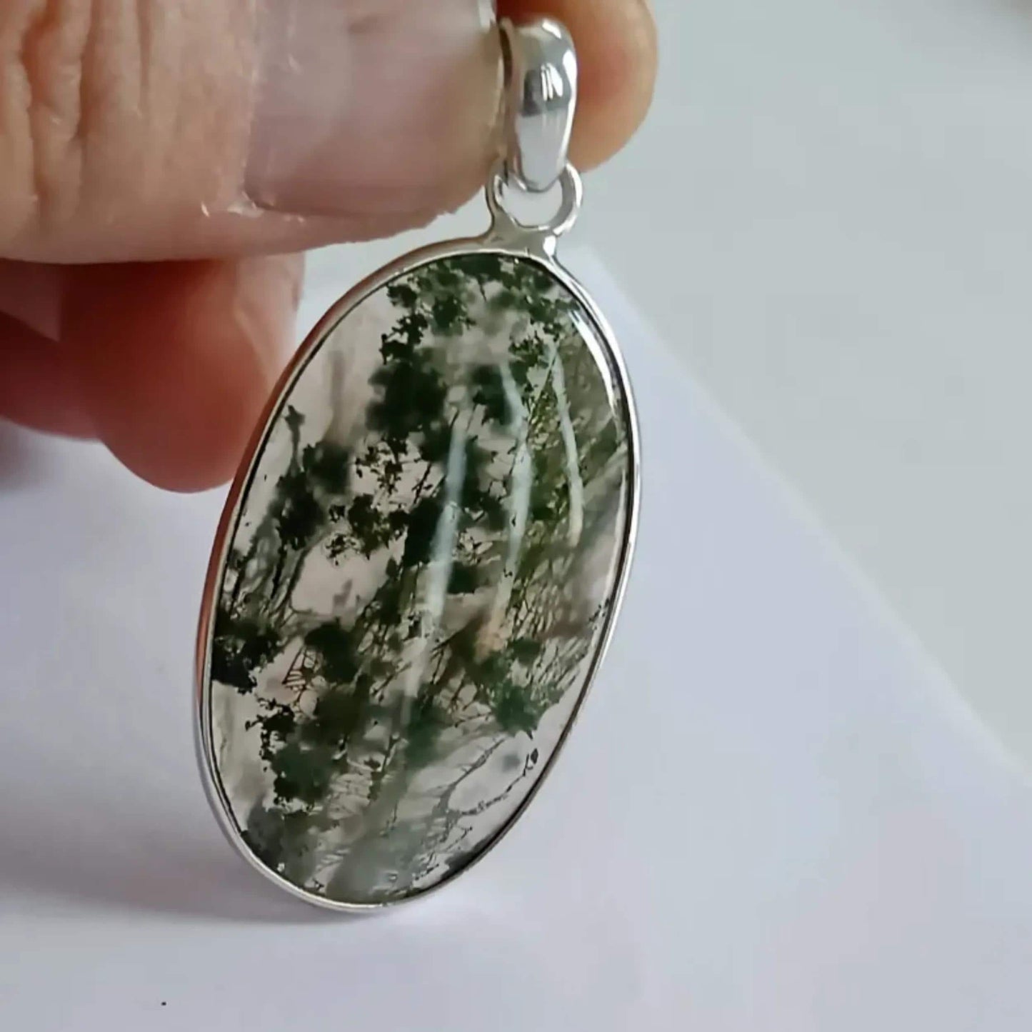 Moss Agate Pendant, 925 Sterling Silver Agate necklace Locket, Natural Moss Agate Big Oval Handmade Gemstone Jewelry, Unique Gift For Her