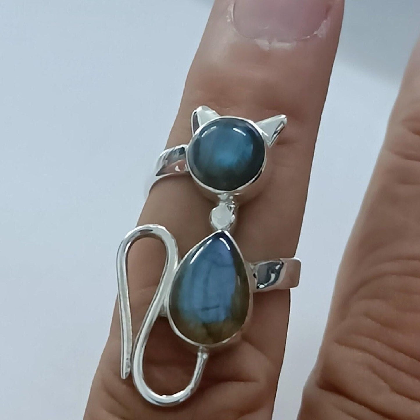 Labradorite Ring, 925 Sterling Silver Statement Promise Ring, Natural Labradorite Dual Gemstone Handmade Cat Jewelry, Gift for Car Lovers