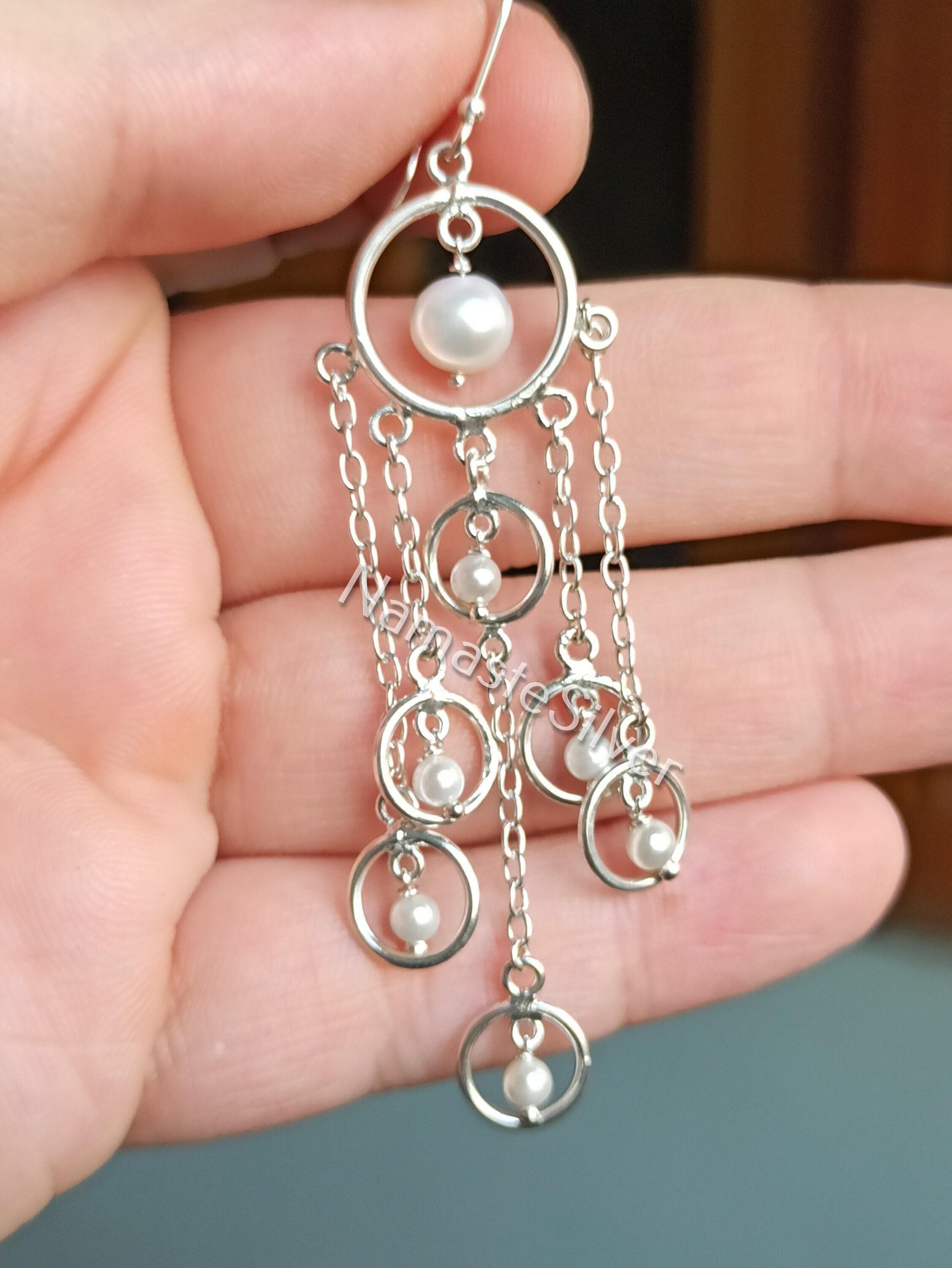 Pearl Earrings, 925 Sterling Silver Dangle Drop Handmade Boho Jewelry, Freshwater Pearl Chandelier Earrings, June Birthstone, Gift For Her