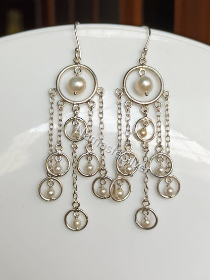 Pearl Earrings, 925 Sterling Silver Dangle Drop Handmade Boho Jewelry, Freshwater Pearl Chandelier Earrings, June Birthstone, Gift For Her