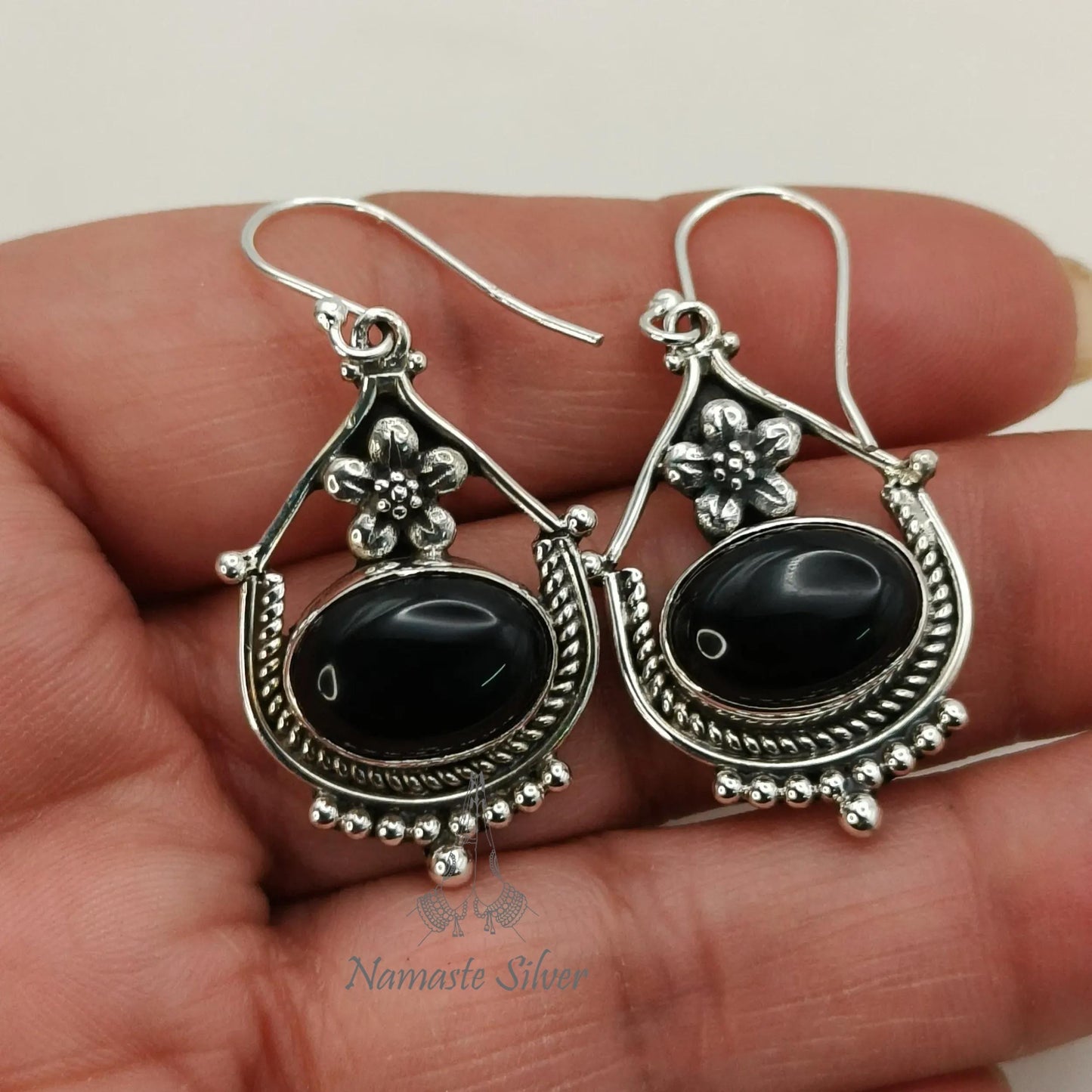 Black Onyx Earrings, 925 Sterling Silver Dangle Earrings, Natural Black Onyx Oval Gemstone Handmade Jewelry, July Birthstone, Gift for Her