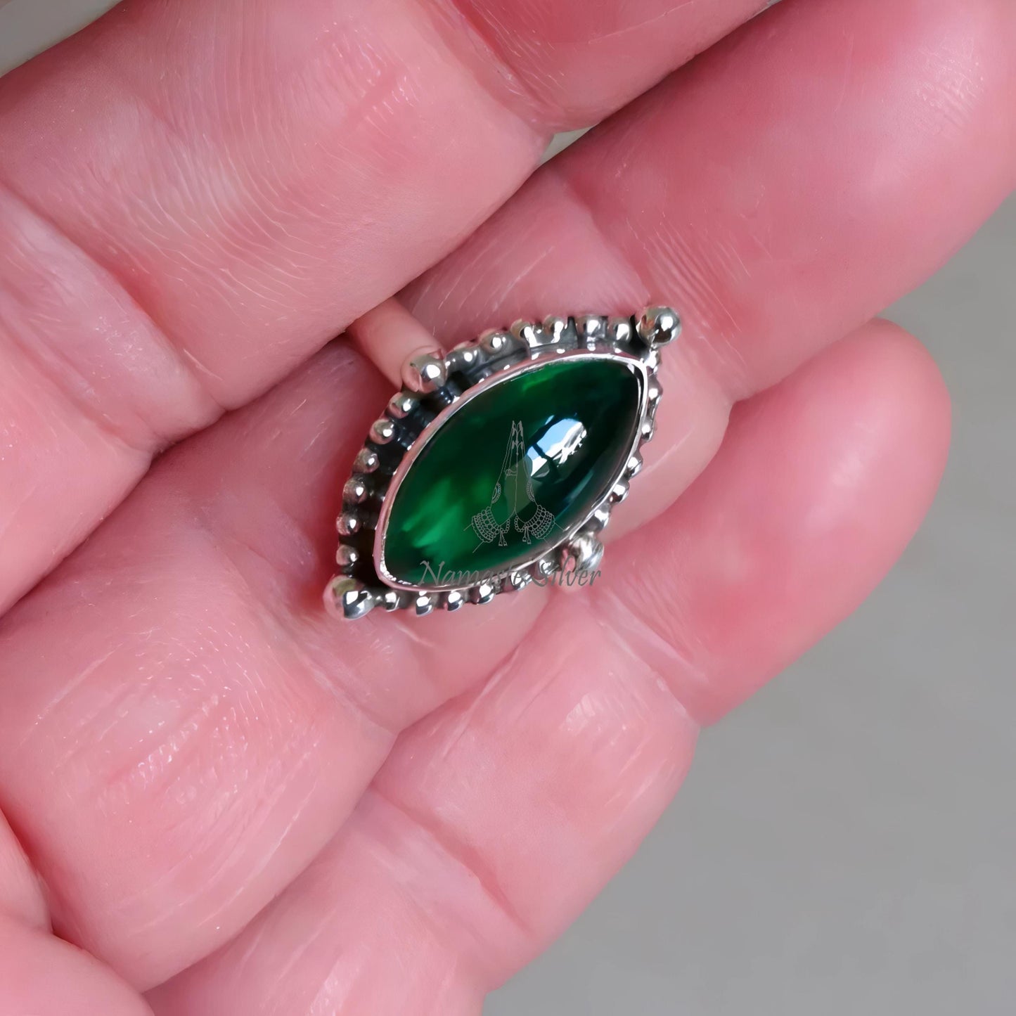 Nano Emerald Ring, 925 Sterling Silver Statement Promise Ring, Green Nano Emerald Marquise Gemstone Handmade Jewelry, Elegant Gift For Her