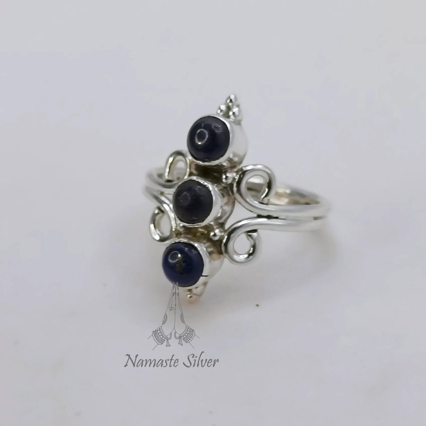 Lapis Lazuli Ring, 925 Sterling Silver Promise Ring, Natural Blue Triple Round Gemstone Handmade Jewelry, September Birthstone, Gift For Her