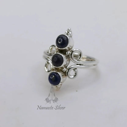 Lapis Lazuli Ring, 925 Sterling Silver Promise Ring, Natural Blue Triple Round Gemstone Handmade Jewelry, September Birthstone, Gift For Her