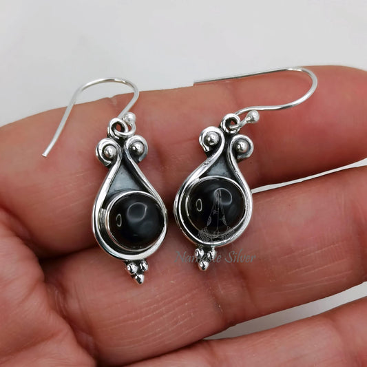 Black Onyx Earrings, 925 Sterling Silver Dangle Earrings, Natural Black Onyx Round Gemstone Handmade Jewelry, July Birthstone, Gift for Her