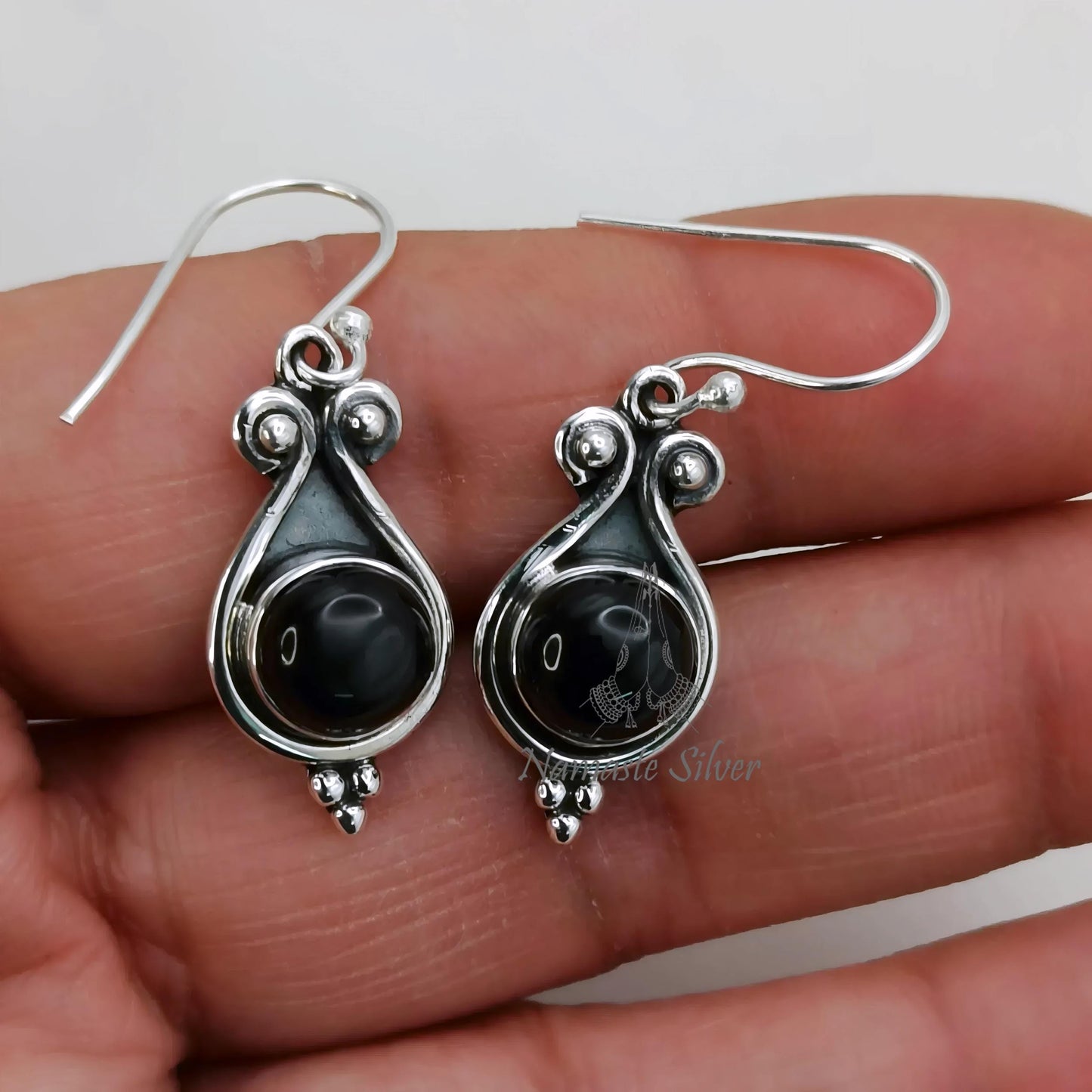 Black Onyx Earrings, 925 Sterling Silver Dangle Earrings, Natural Black Onyx Round Gemstone Handmade Jewelry, July Birthstone, Gift for Her