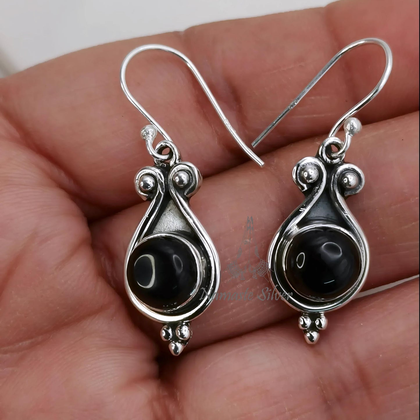 Black Onyx Earrings, 925 Sterling Silver Dangle Earrings, Natural Black Onyx Round Gemstone Handmade Jewelry, July Birthstone, Gift for Her