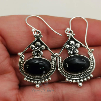 Black Onyx Earrings, 925 Sterling Silver Dangle Earrings, Natural Black Onyx Oval Gemstone Handmade Jewelry, July Birthstone, Gift for Her