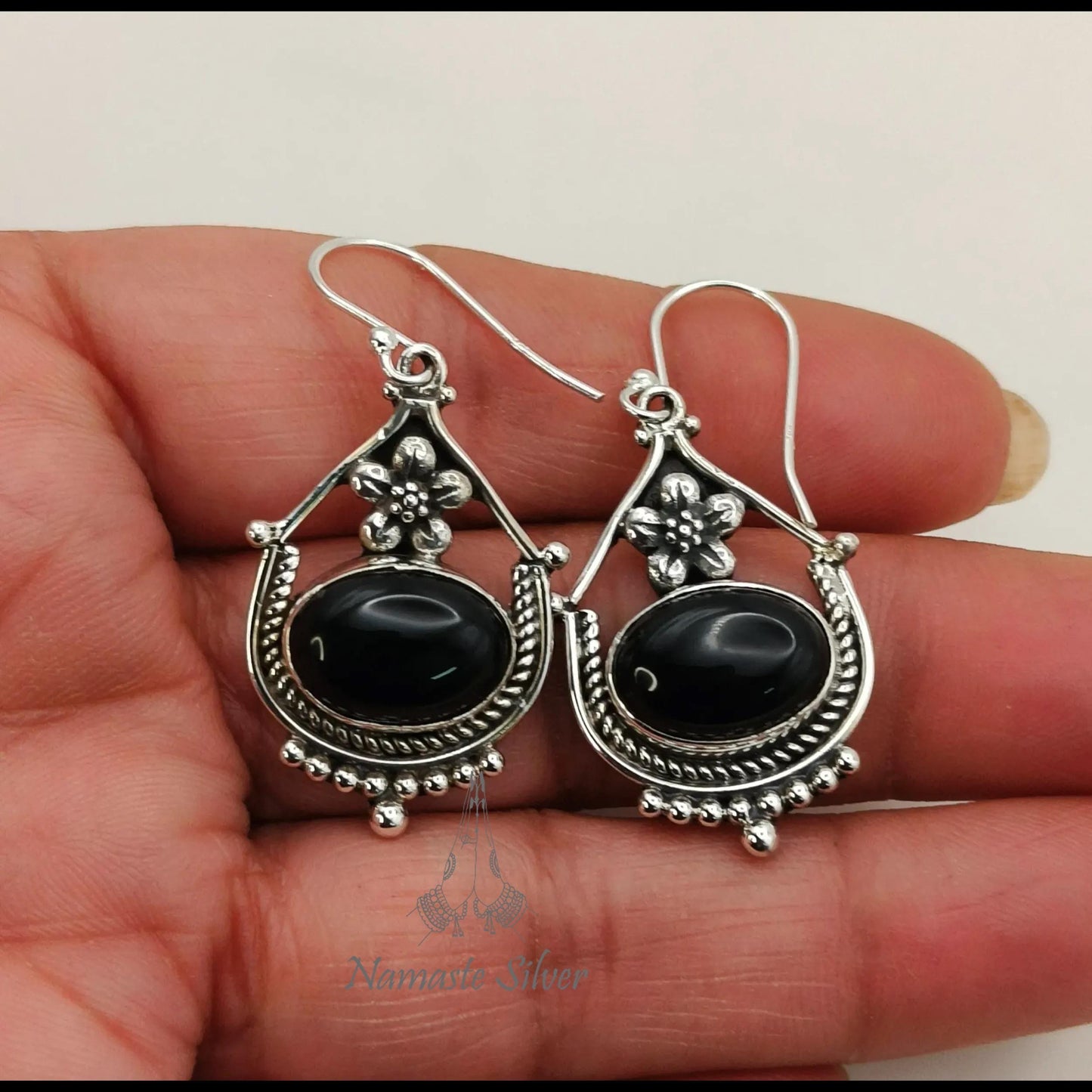 Black Onyx Earrings, 925 Sterling Silver Dangle Earrings, Natural Black Onyx Oval Gemstone Handmade Jewelry, July Birthstone, Gift for Her