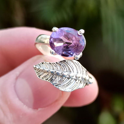 Natural Amethyst Ring, 925 Sterling Silver Promise Adjustable Leaf Ring, Purple Oval Gemstone Handmade Jewelry, February Birthstone Gift