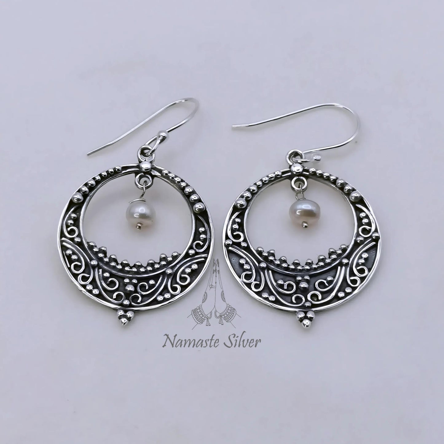 Pearl chandelier earrings, 925 Sterling Silver Dangle Earrings, Handmade Chandbali Earrings, Elegant Gift for Her, Crescent Moon Earrings