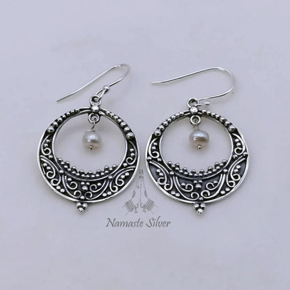 Pearl chandelier earrings, 925 Sterling Silver Dangle Earrings, Handmade Chandbali Earrings, Elegant Gift for Her, Crescent Moon Earrings