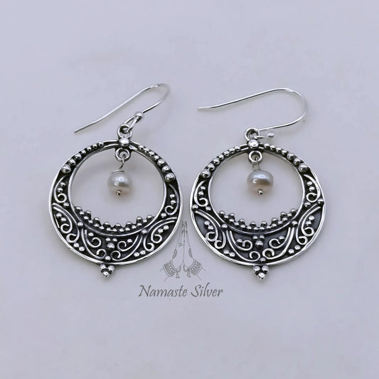 Pearl chandelier earrings, 925 Sterling Silver Dangle Earrings, Handmade Chandbali Earrings, Elegant Gift for Her, Crescent Moon Earrings