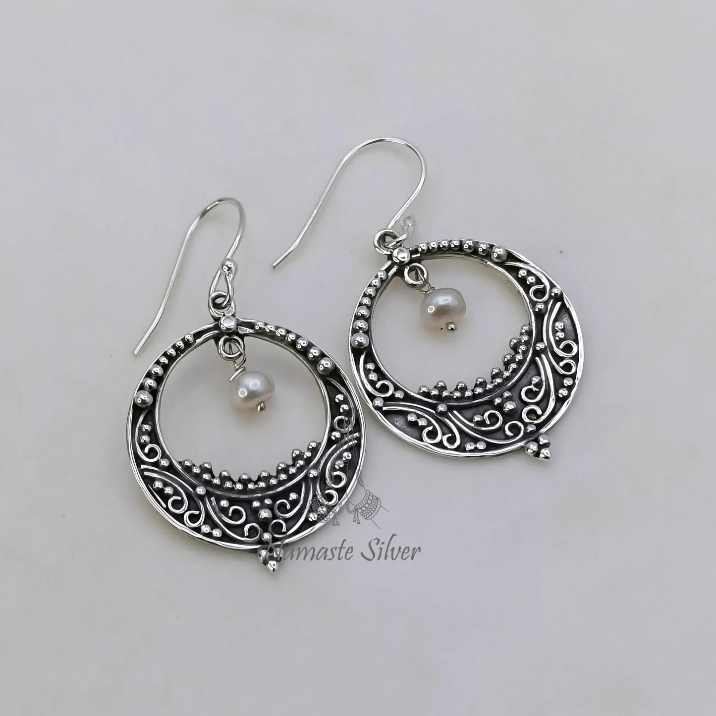 Pearl chandelier earrings, 925 Sterling Silver Dangle Earrings, Handmade Chandbali Earrings, Elegant Gift for Her, Crescent Moon Earrings