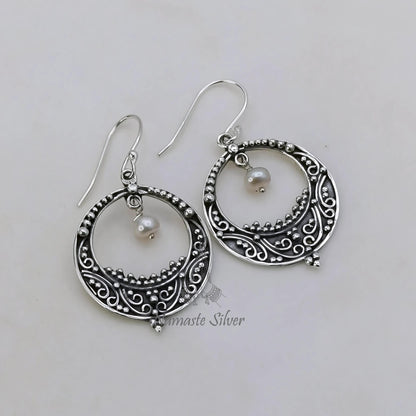 Pearl chandelier earrings, 925 Sterling Silver Dangle Earrings, Handmade Chandbali Earrings, Elegant Gift for Her, Crescent Moon Earrings