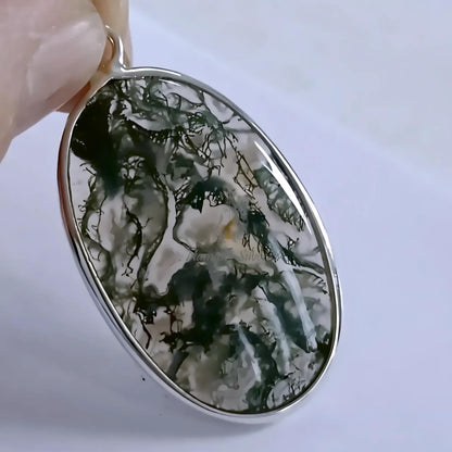 Moss Agate Pendant, 925 Sterling Silver Agate Locket, Natural Moss Agate Oval Handmade Large Gemstone Jewelry, Unique Gift For Her necklace