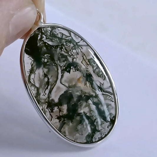 Moss Agate Pendant, 925 Sterling Silver Agate Locket, Natural Moss Agate Oval Handmade Large Gemstone Jewelry, Unique Gift For Her necklace