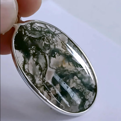 Moss Agate Pendant, 925 Sterling Silver Agate Locket, Natural Moss Agate Oval Handmade Large Gemstone Jewelry, Unique Gift For Her necklace