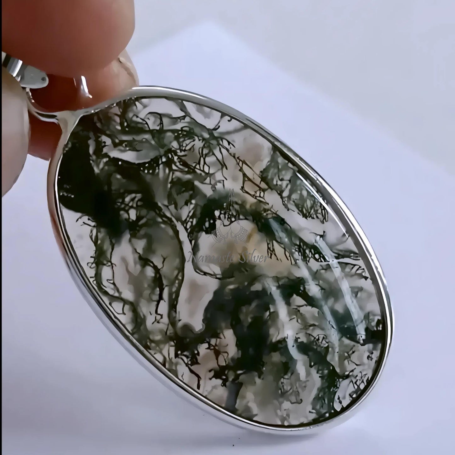 Moss Agate Pendant, 925 Sterling Silver Agate Locket, Natural Moss Agate Oval Handmade Large Gemstone Jewelry, Unique Gift For Her necklace