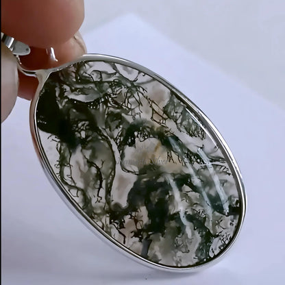Moss Agate Pendant, 925 Sterling Silver Agate Locket, Natural Moss Agate Oval Handmade Large Gemstone Jewelry, Unique Gift For Her necklace