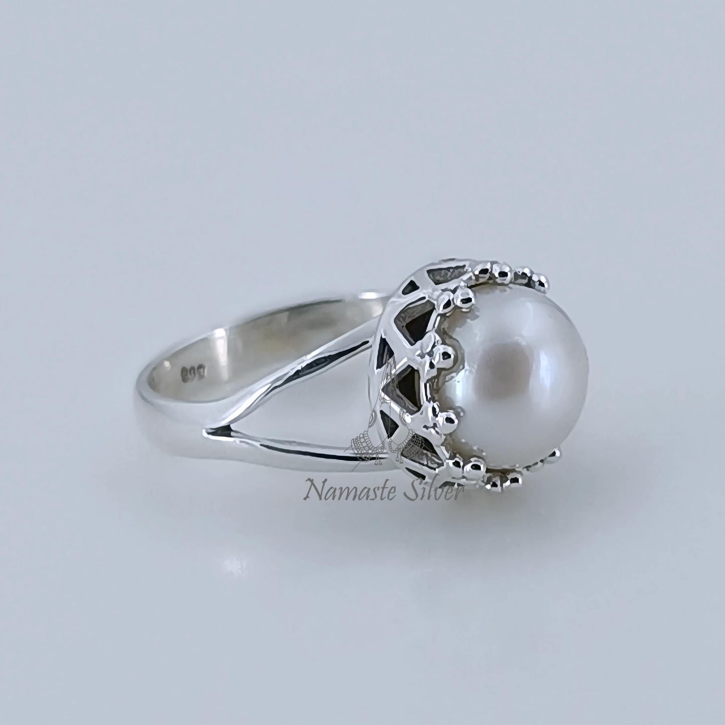 Pearl Ring, 925 Sterling Silver Statement Promise Ring for Women, Freshwater White Pearl Handmade Boho Jewelry, June Birthstone Gift for Her