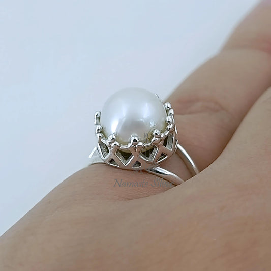 Pearl Ring, 925 Sterling Silver Statement Promise Ring for Women, Freshwater White Pearl Handmade Boho Jewelry, June Birthstone Gift for Her