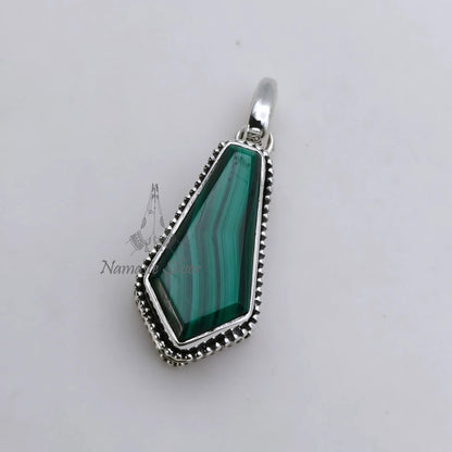 Malachite Coffin Pendant, 925 Sterling Silver Locket, Natural Green Malachite Coffin Gemstone Necklace Gothic Handmade Jewelry, Gift for Her