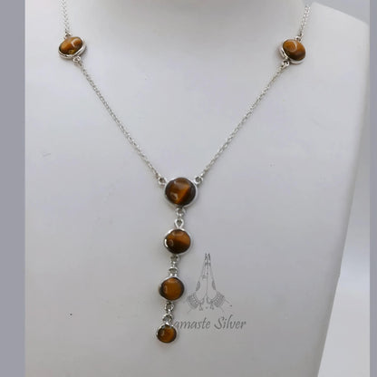 Tigers Eye Necklace, 925 Sterling Silver Pendant Y Chain Necklace, Natural Tiger's Eye Round Gemstone Handmade Jewelry, Elegant Gift for Her