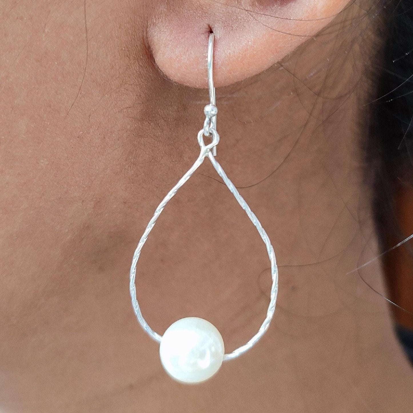 Pearl Earrings, 925 Sterling Silver Dangle Drop Earrings, Freshwater Pearl Round Beads Handmade Boho Earrings, June Birthstone, Gift for Her