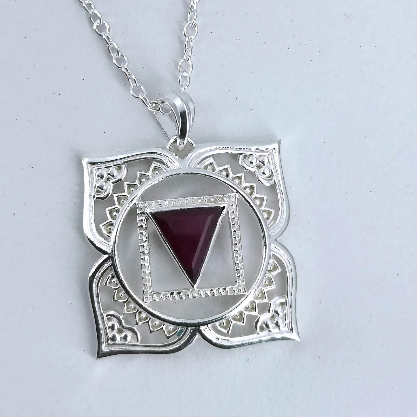 Root Chakra Necklace, 925 Sterling Silver Muladhara Chakra Pendant, Natural Ruby Gemstone Handmade Jewelry, Spiritual Healing Gift for Her