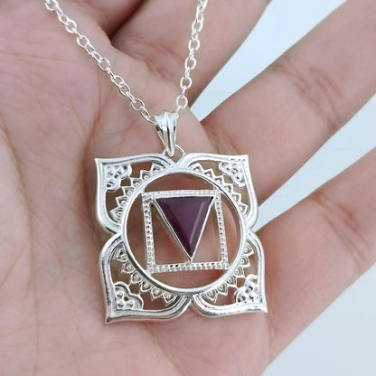 Root Chakra Necklace, 925 Sterling Silver Muladhara Chakra Pendant, Natural Ruby Gemstone Handmade Jewelry, Spiritual Healing Gift for Her