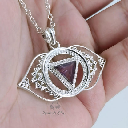 Third Eye Chakra Necklace, Sterling Silver Ajna Chakra Pendant, Natural Amethyst Gemstone Handmade Jewelry, Spiritual Healing Gift for Her