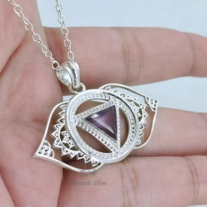 Third Eye Chakra Necklace, Sterling Silver Ajna Chakra Pendant, Natural Amethyst Gemstone Handmade Jewelry, Spiritual Healing Gift for Her