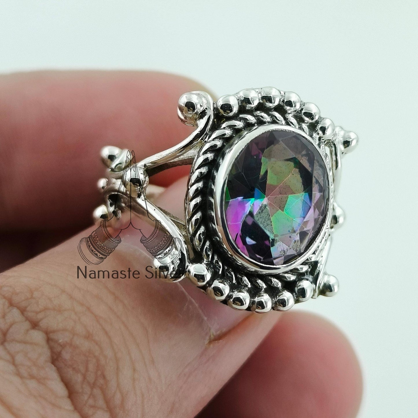 Aurora Mystic Topaz Ring, 925 Sterling Silver Promise Ring, Mystique Topaz Oval Gemstone Handmade Jewelry, November Birthstone, Gift for Her