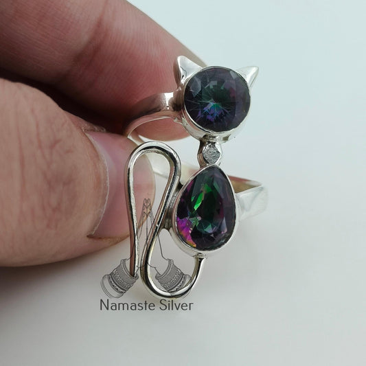 Aurora Mystic Topaz Ring, 925 Sterling Silver Promise Ring, Mystique Topaz Dual Gemstone Handmade Cat Jewelry, November Birthstone Gift