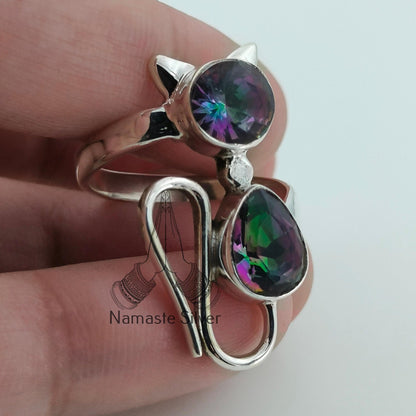 Aurora Mystic Topaz Ring, 925 Sterling Silver Promise Ring, Mystique Topaz Dual Gemstone Handmade Cat Jewelry, November Birthstone Gift
